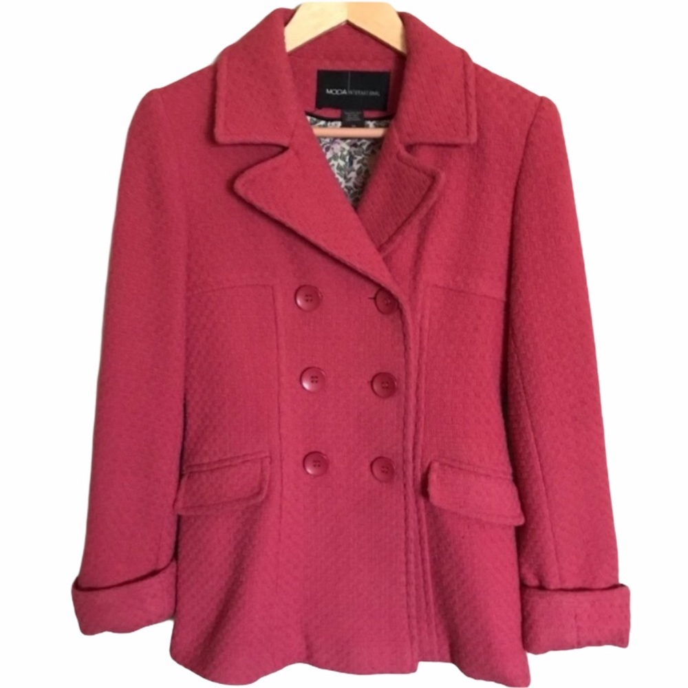 Vintage MODA Coat Thick Jacket Double Breast Quilted Wool Cottagecore Pink Lined
